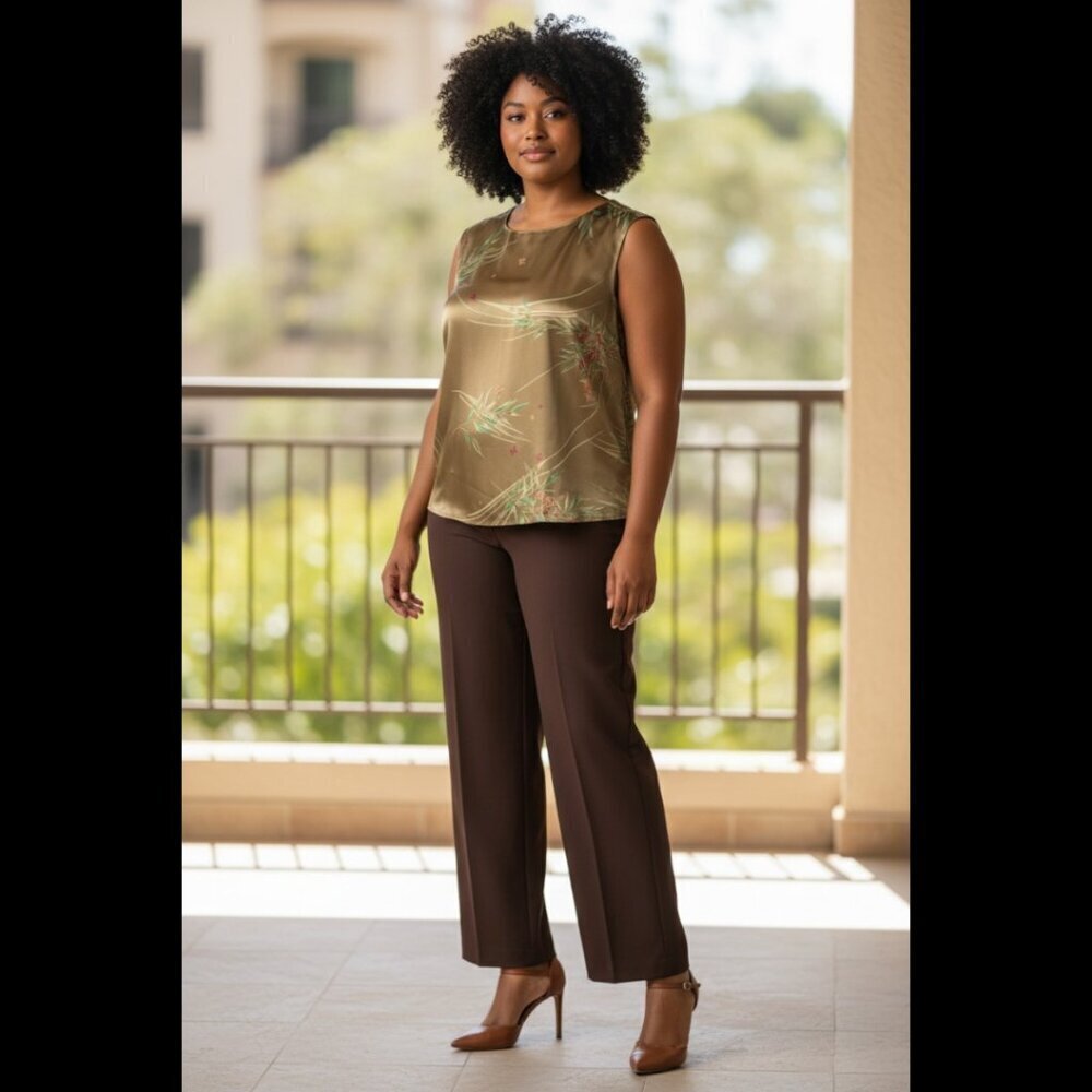 Harve Benard Women's Dark Olive Floral Satin Sleeveless Top Plus Size 20W